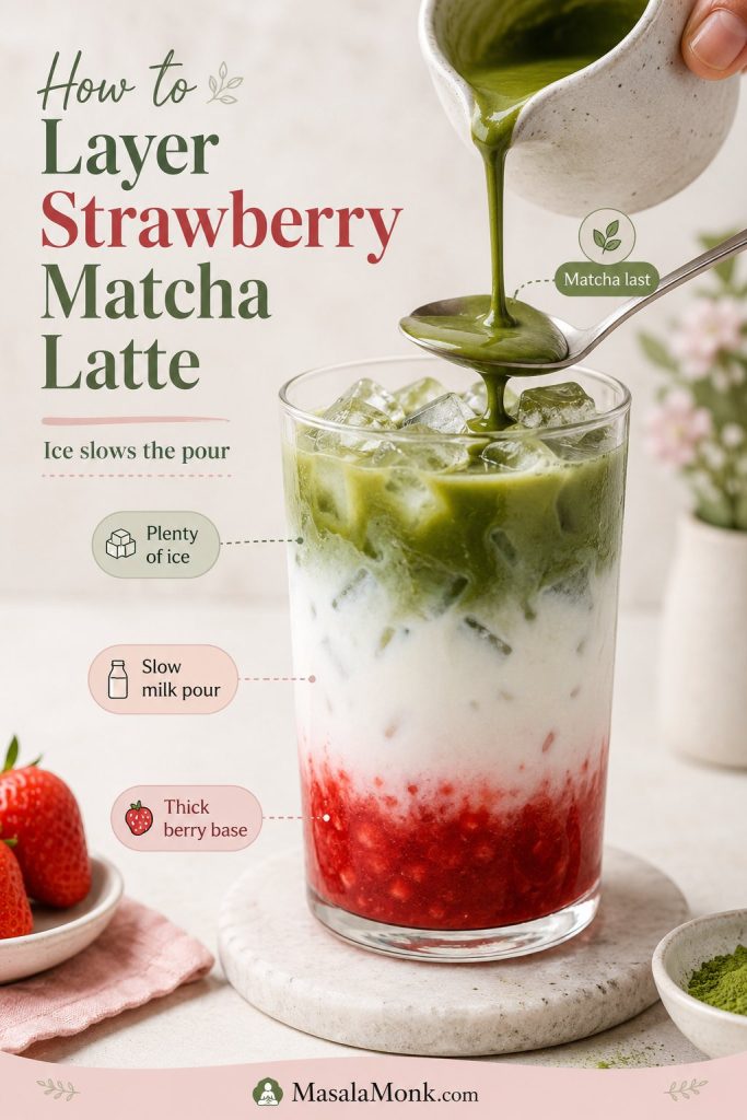 Tall strawberry matcha latte being layered with strawberry base, milk, ice, and matcha poured slowly over a spoon.