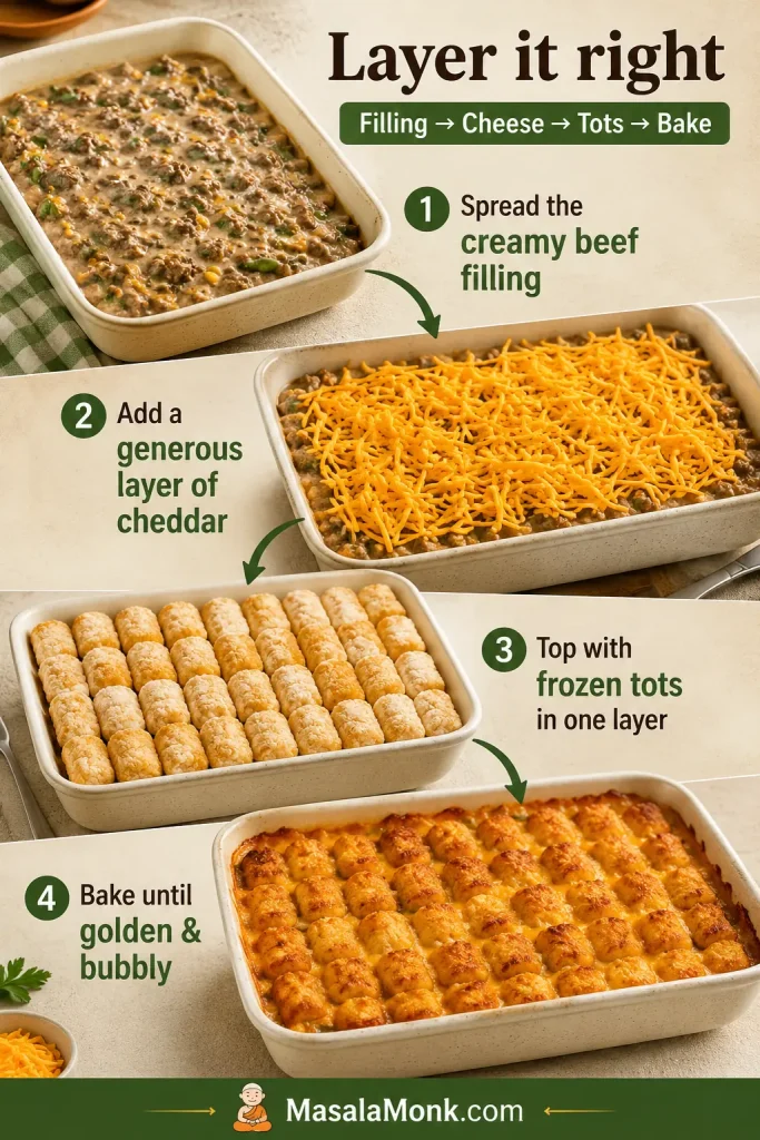 Layering guide for tater tot casserole showing creamy beef filling, cheddar cheese, frozen tots, and a baked golden top
