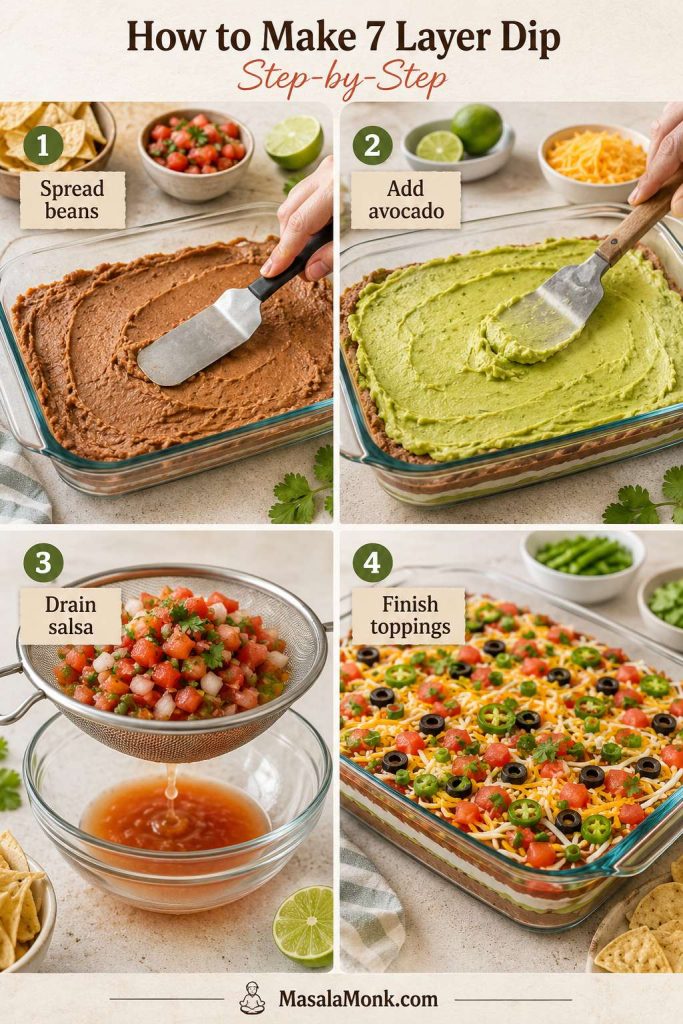 Four-step 7 layer dip guide showing beans spread in a dish, avocado added, salsa drained in a strainer, and toppings finished on the dip.