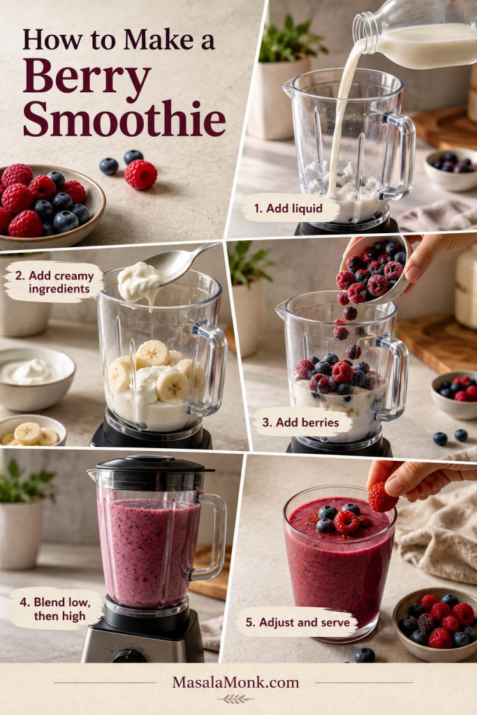 Step-by-step berry smoothie process showing liquid, creamy ingredients, frozen berries, blending, and serving.