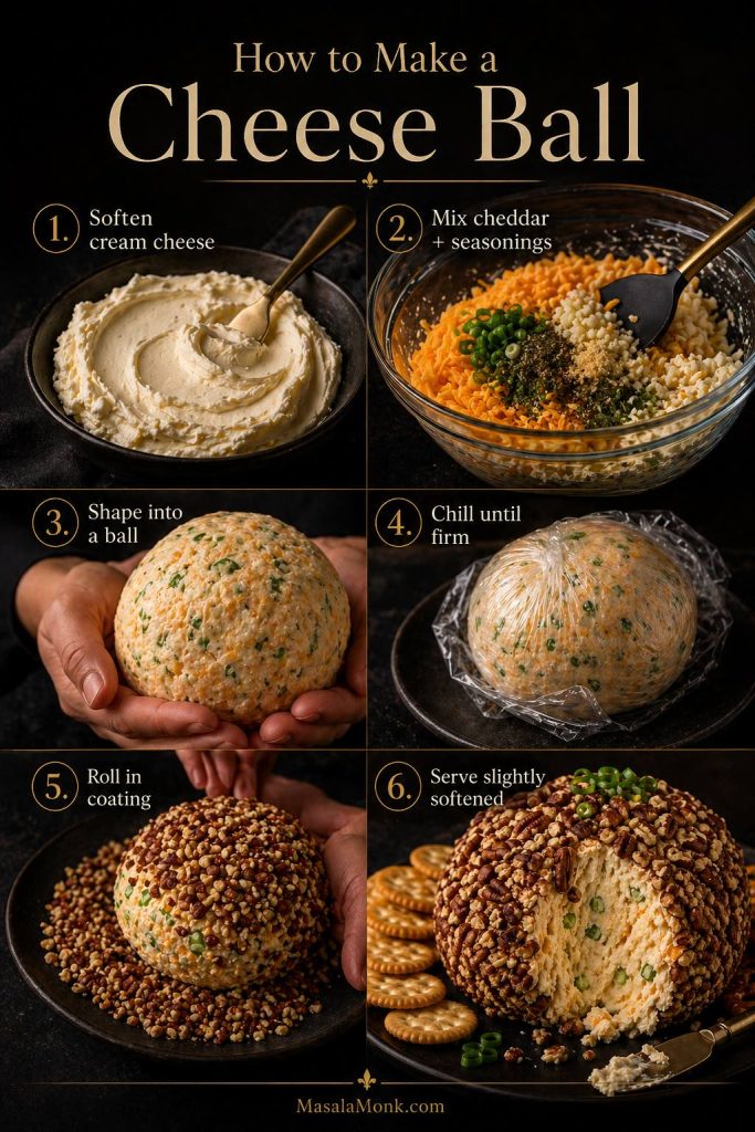 Six-step visual guide showing how to make a cheese ball: soften cream cheese, mix in cheddar and seasonings, shape into a ball, chill until firm, roll in coating, and serve with crackers.