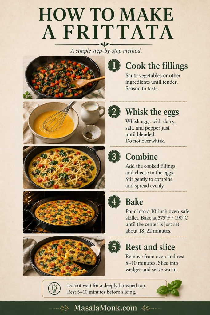 Step-by-step frittata method showing cooked fillings, whisked eggs, combined ingredients, baking, and resting before slicing.