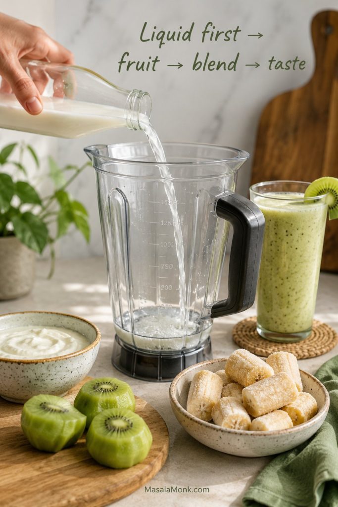 Liquid being poured into a blender with kiwi, banana, yogurt, and a finished smoothie nearby