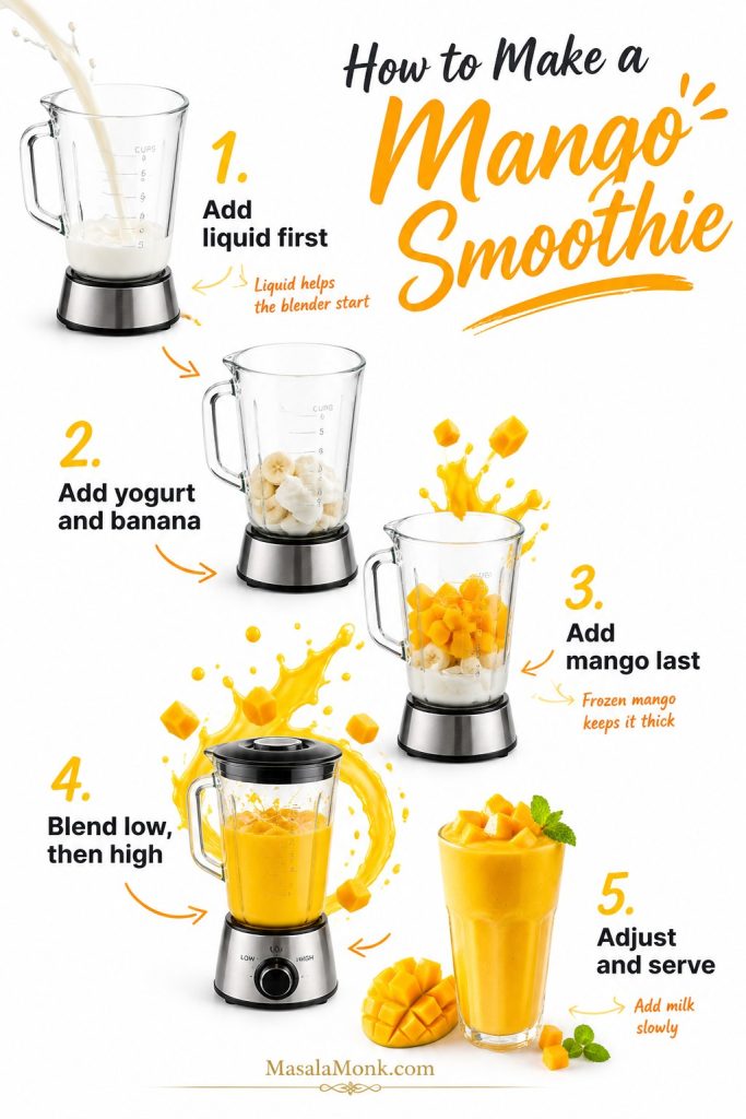 Step-by-step mango smoothie method showing liquid first, yogurt and banana next, mango last, blending, and serving.