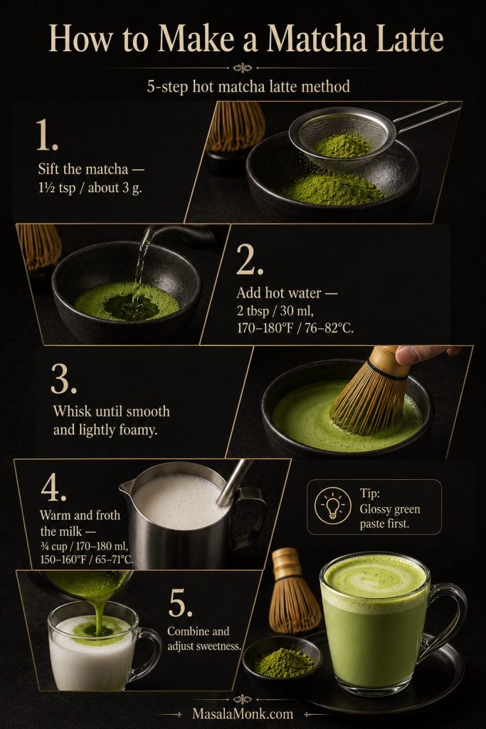 Five step matcha latte guide showing sifting, adding hot water, whisking, warming milk, and combining.