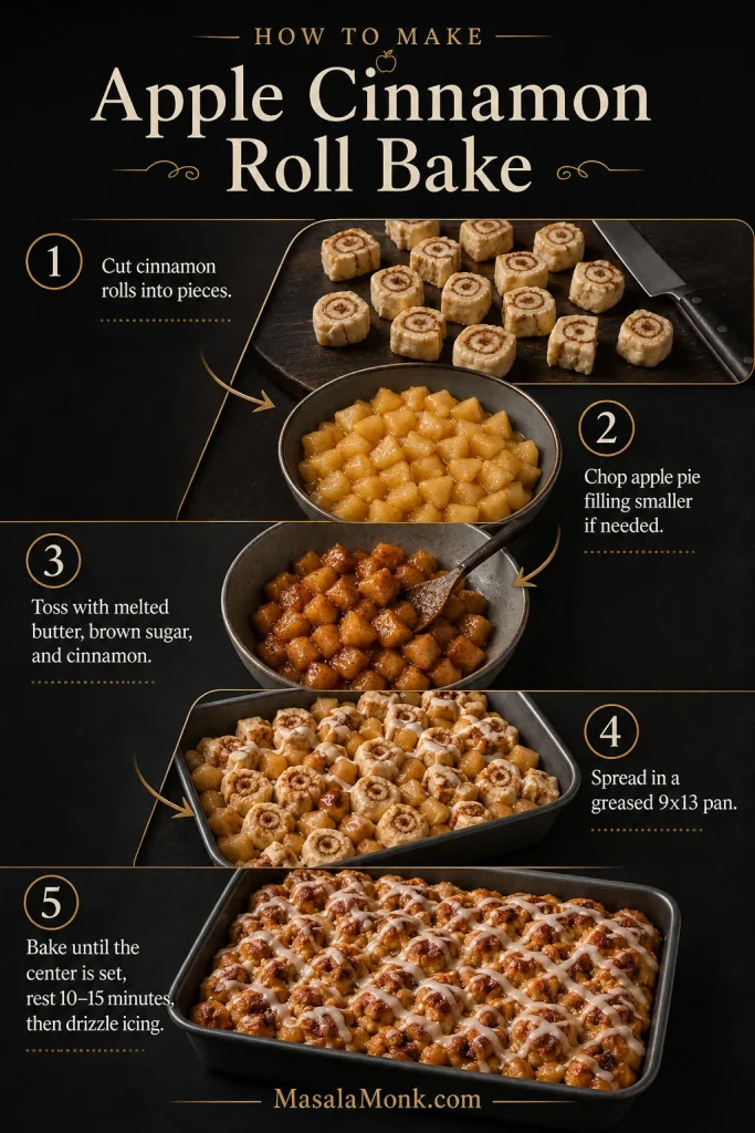 Step-by-step apple cinnamon roll bake method showing cut cinnamon rolls, chopped apple filling, seasoned dough, unbaked 9x13 pan, and iced baked rolls.