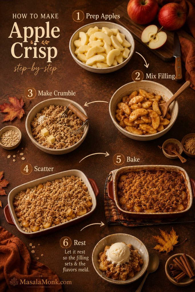 Step-by-step apple crisp guide showing apple prep, filling, crumble topping, baking, and resting.