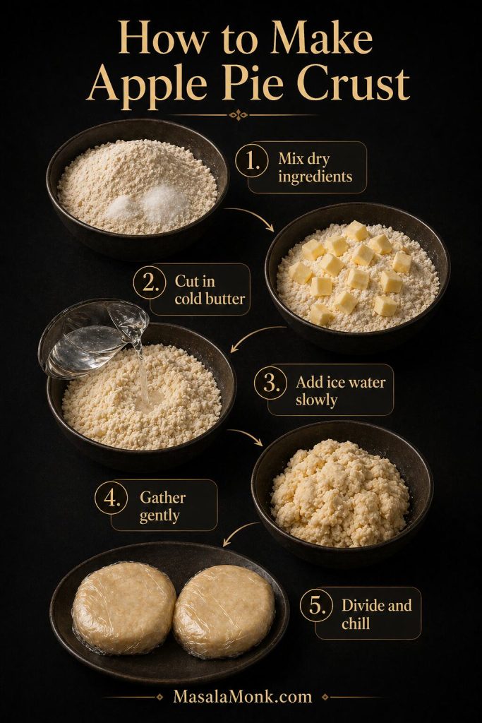 Step-by-step apple pie crust board showing dry ingredients, cold butter, ice water, gathered dough, and chilled dough disks.