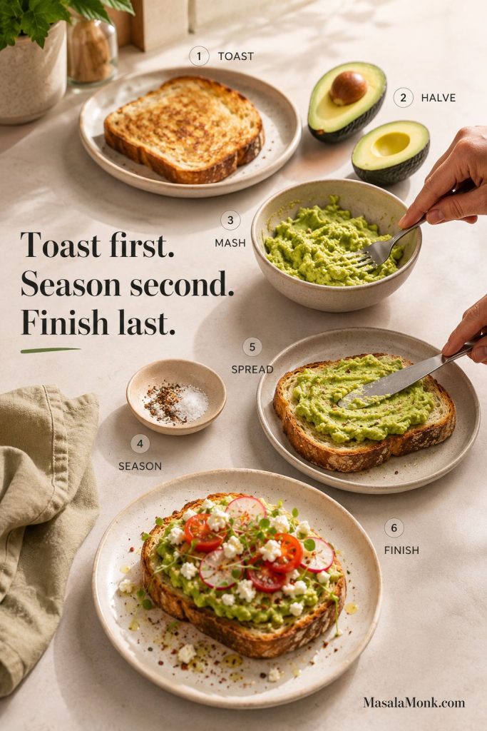 Step-by-step avocado toast method showing bread, avocado, mashing, seasoning, spreading, and finishing the toast.
