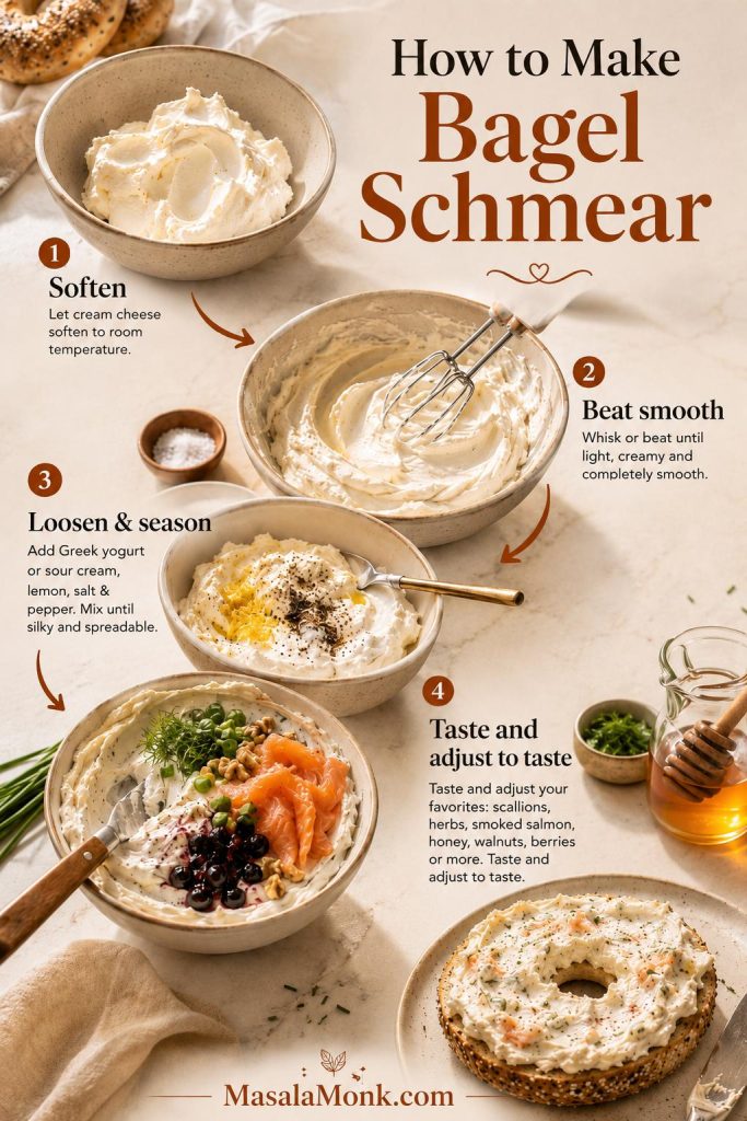 Four-step bagel schmear process showing softened cream cheese, beaten cream cheese, seasoning, and folded-in flavorings.