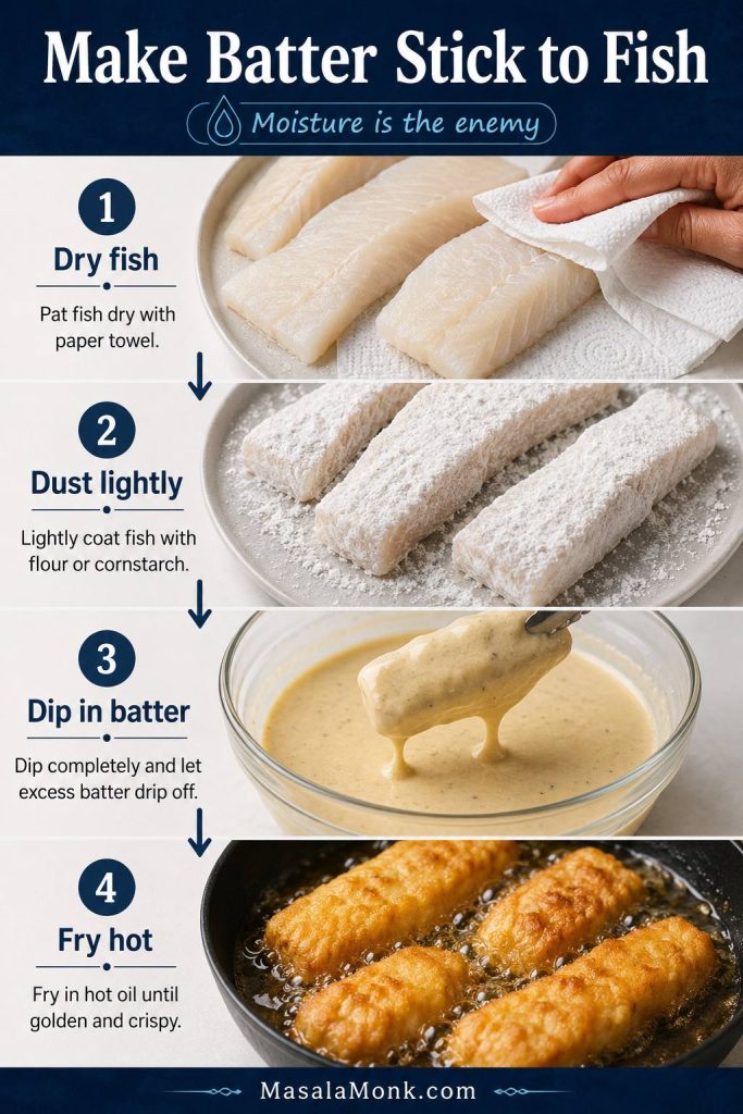 Four-step guide showing fish dried with paper towel, dusted with flour, dipped in batter, and fried in hot oil