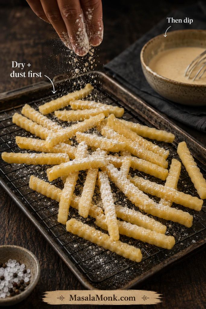 Fries being dusted with flour or starch before dipping into batter.
