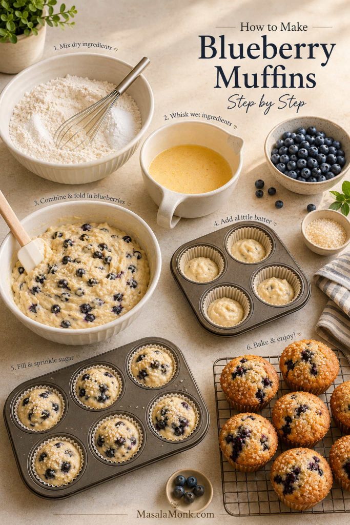 Step-by-step blueberry muffin process with dry ingredients, wet ingredients, plain batter, muffin cups, blueberries, and baked muffins.