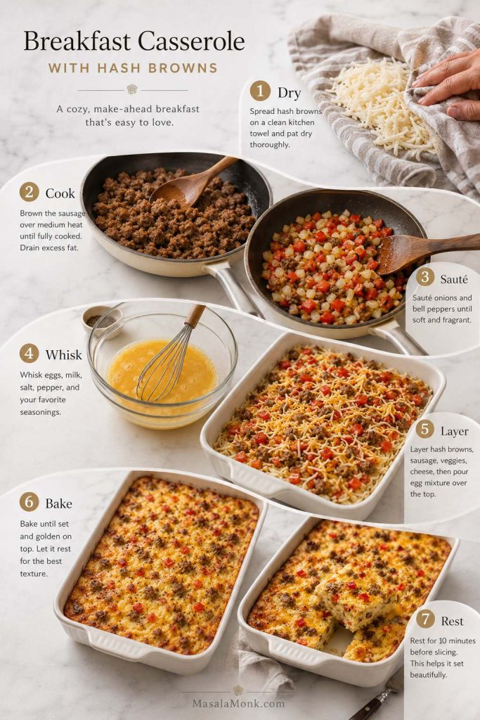 Step-by-step guide showing dried potatoes, cooked sausage, sautéed vegetables, whisked eggs, layering, baking, and resting.