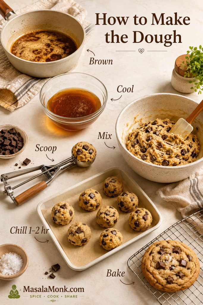 Brown butter cookie dough process showing brown, cool, mix, scoop, chill for 1 to 2 hours, and bake.