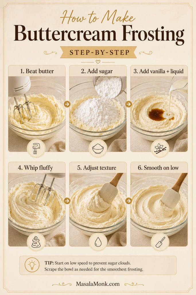 Step-by-step buttercream frosting process showing butter being beaten, sugar added, liquid added, frosting whipped, adjusted, and smoothed.