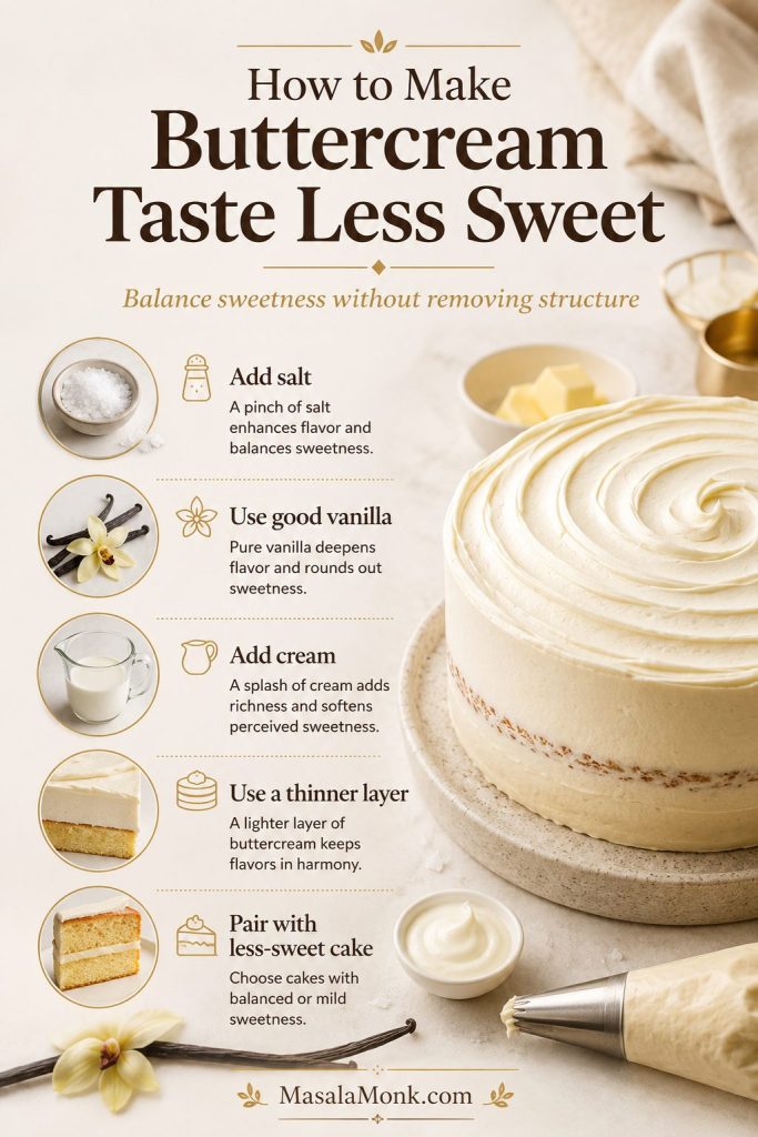 Board showing salt, vanilla, cream, thinner frosting layers, and cake pairing ideas for making buttercream taste less sweet.
