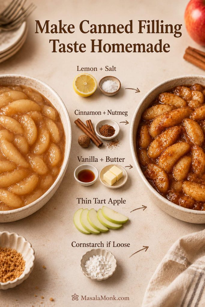 Guide showing how to make canned apple pie filling taste homemade with lemon, salt, cinnamon, nutmeg, vanilla, butter, tart apple, and cornstarch.