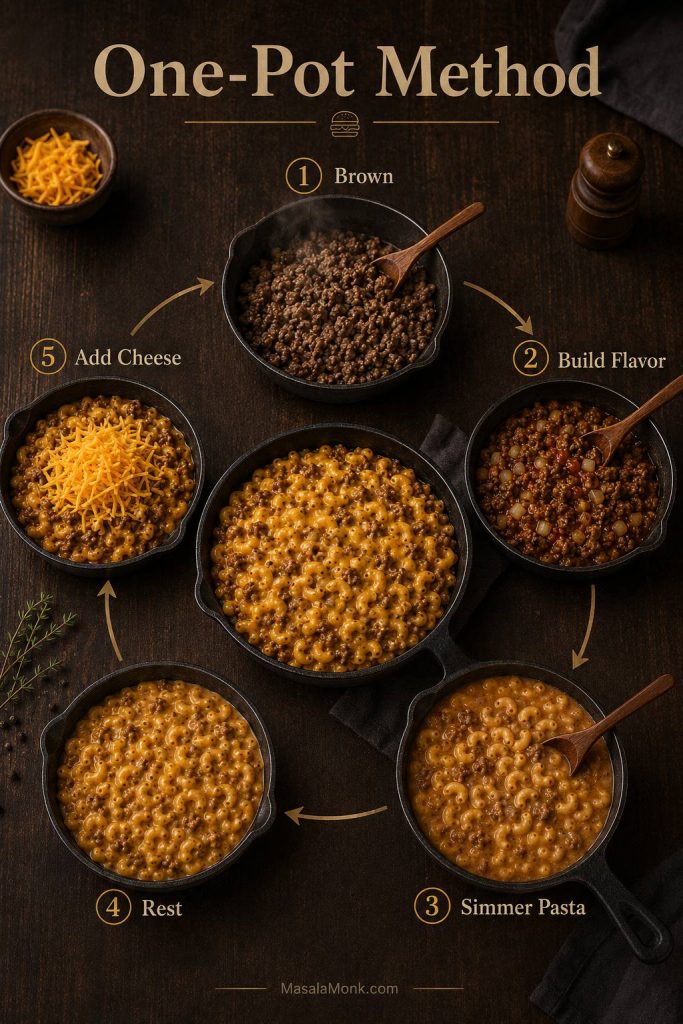 One-pot cheeseburger macaroni method board showing browning beef, building flavor, simmering pasta, resting, and adding cheese.