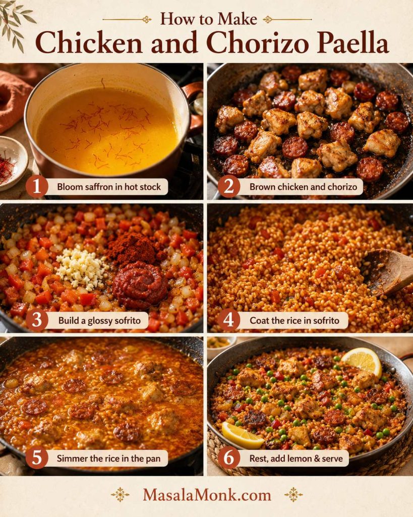Six-step process board for chicken and chorizo paella showing saffron stock, browned chicken and chorizo, sofrito, coated rice, simmering rice and rested paella.