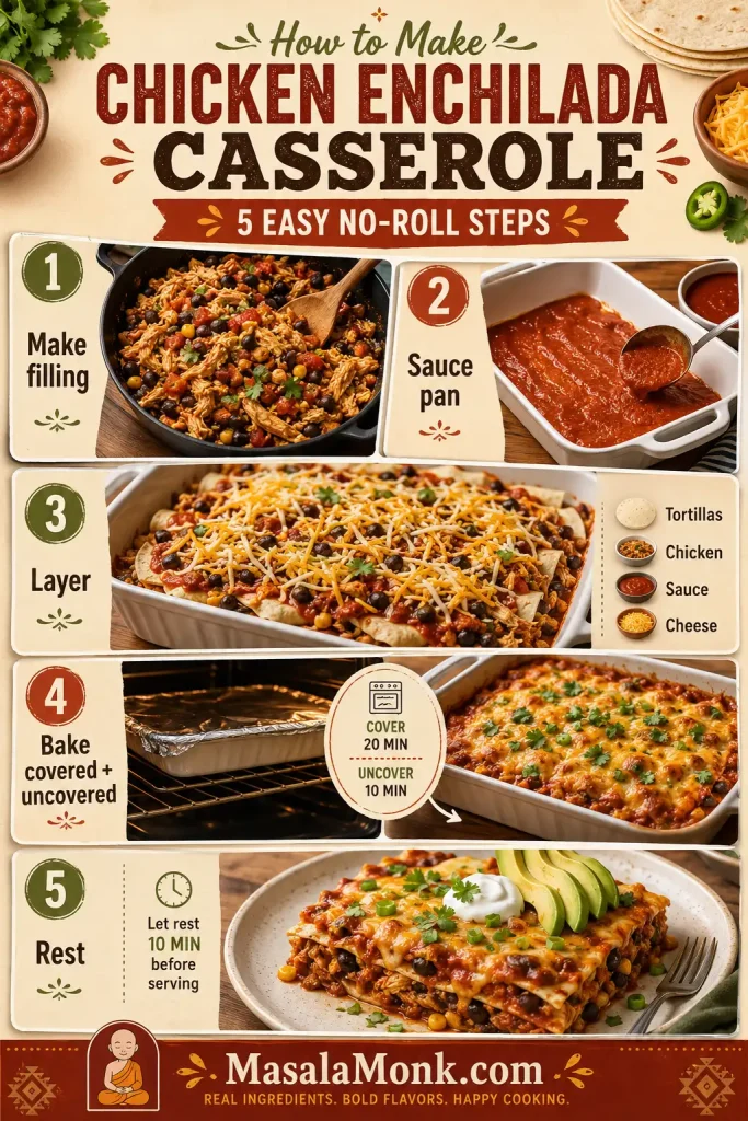 Step-by-step board showing how to make chicken enchilada casserole by making filling, saucing the pan, layering, baking, and resting.