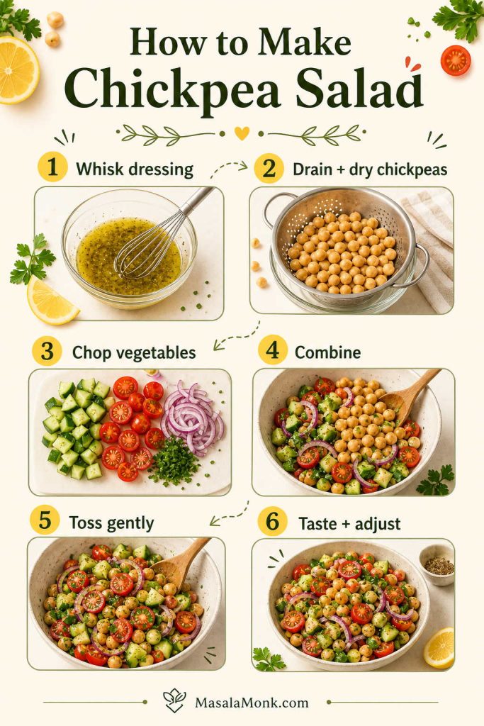 Step-by-step board showing how to make chickpea salad by whisking dressing, drying chickpeas, chopping vegetables, combining, tossing, and adjusting seasoning.