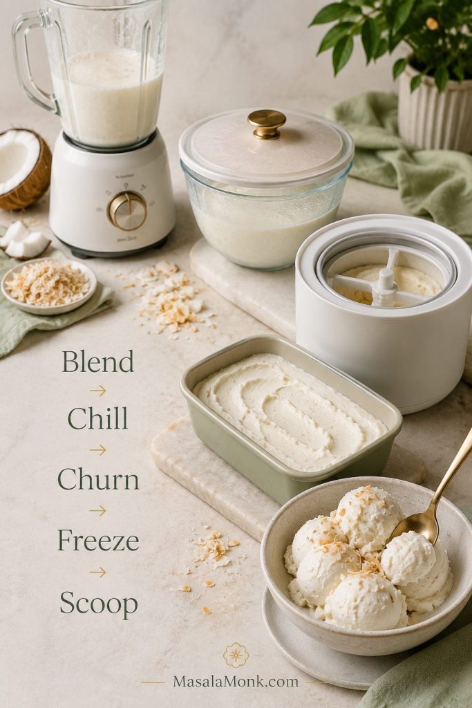 Step-by-step visual showing the coconut ice cream process from blending and chilling to churning, freezing, and scooping.
