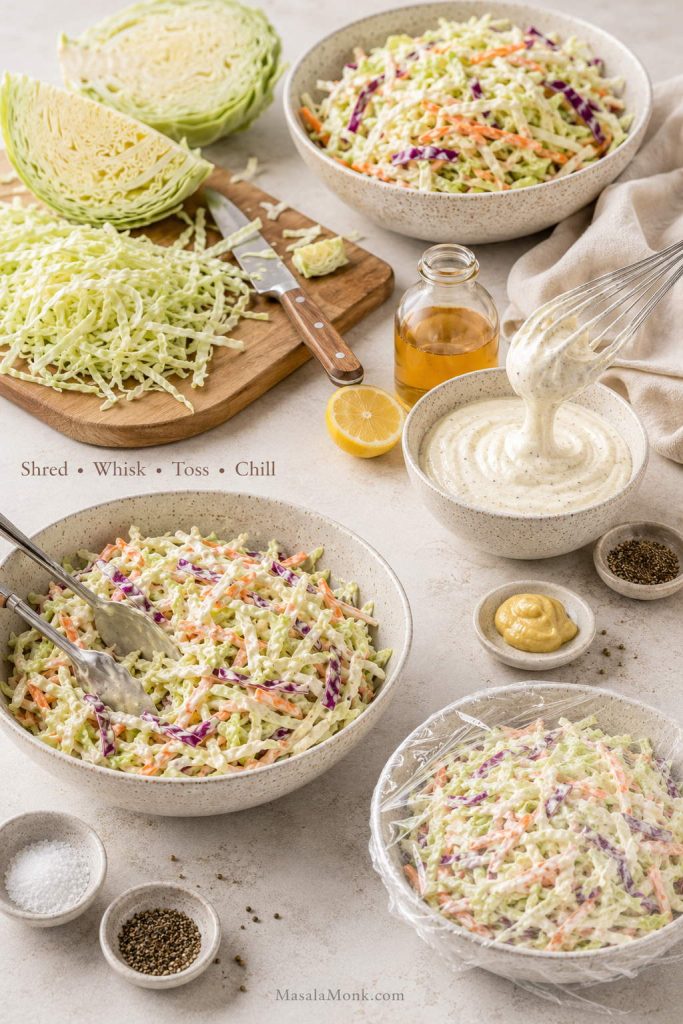 Step-by-step coleslaw process showing cabbage shredding, dressing whisking, tossing, and chilling.