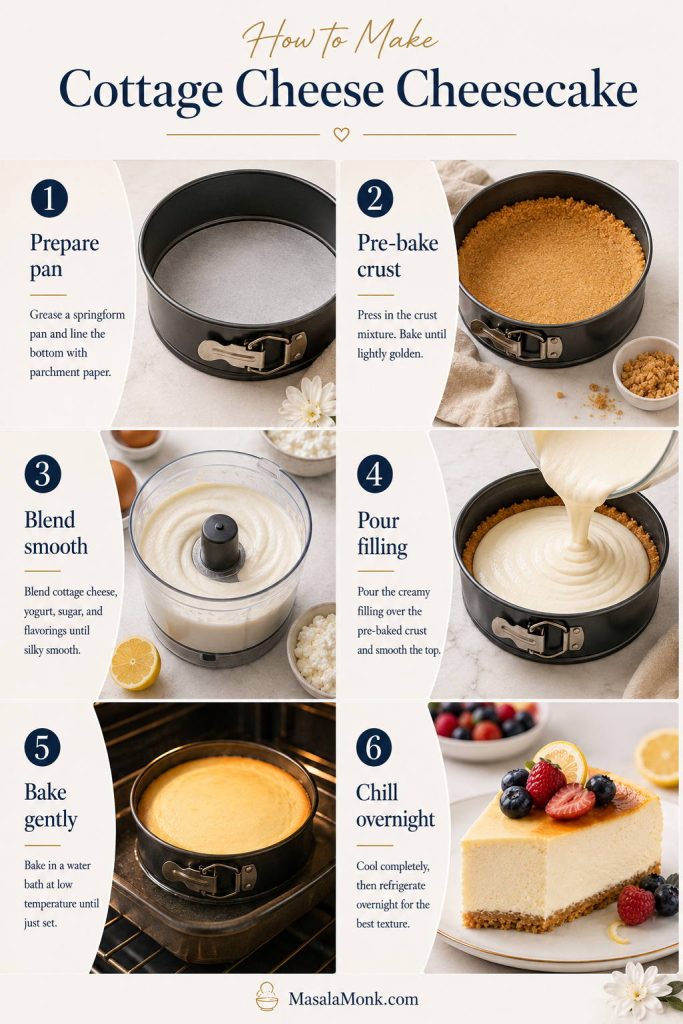 Step-by-step cottage cheese cheesecake guide showing pan prep, crust, blended filling, pouring, baking, and chilling