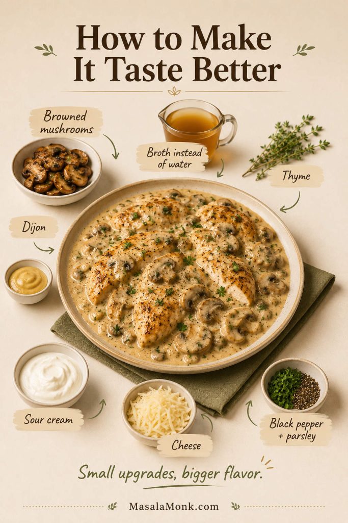 Flavor upgrade board for cream of mushroom chicken with browned mushrooms, broth, thyme, Dijon, sour cream, cheese, pepper, and parsley.