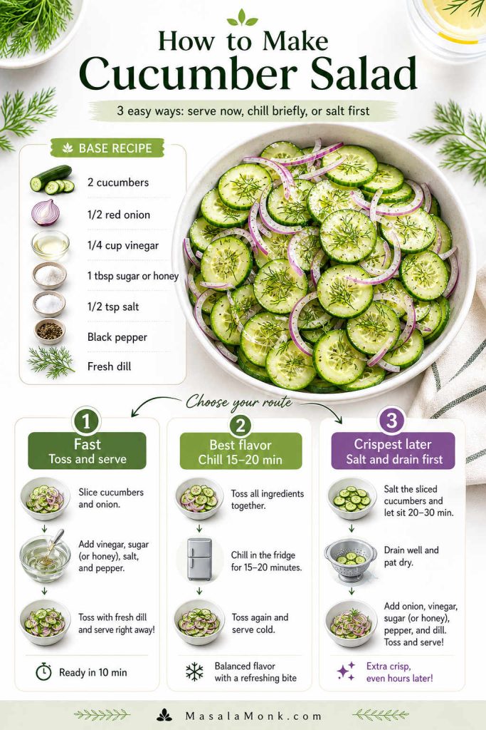 Quick guide showing how to make cucumber salad three ways: serve immediately, chill briefly, or salt and drain first.