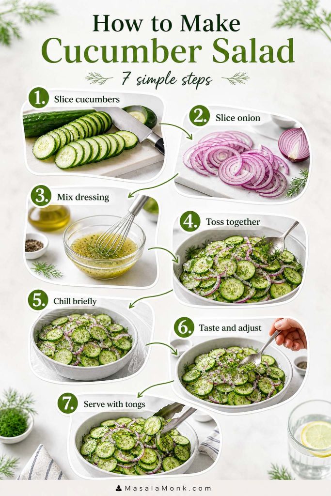 Step-by-step board showing seven steps for cucumber salad: slice cucumbers, slice onion, mix dressing, toss, chill, taste, and serve.