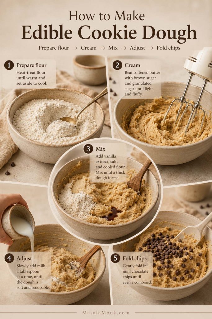 Step-by-step edible cookie dough process showing flour preparation, creaming butter and sugar, mixing ingredients, adjusting texture, and folding in mini chocolate chips.