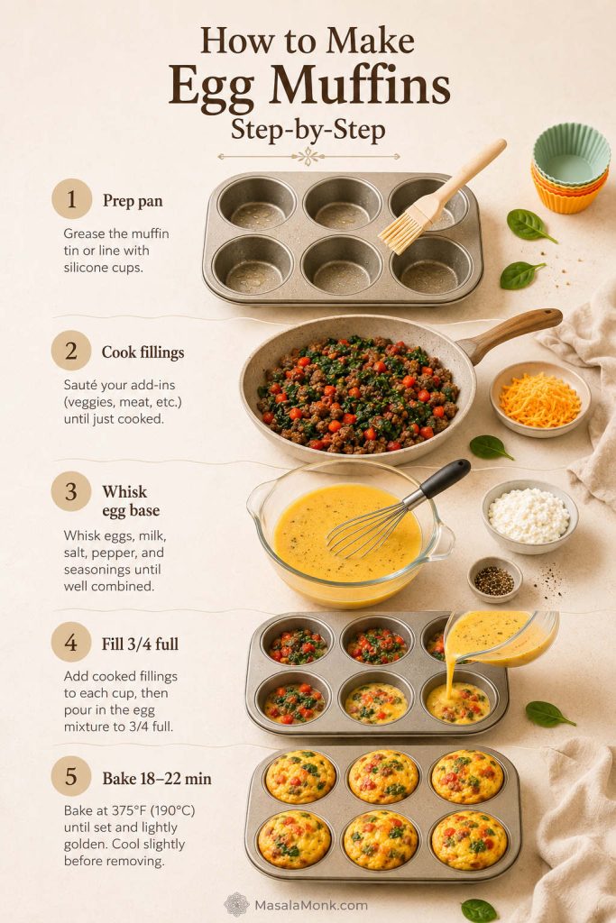 Step-by-step egg muffins guide showing pan prep, cooked fillings, whisked egg base, cups filled 3/4 full, and baking for 18 to 22 minutes.