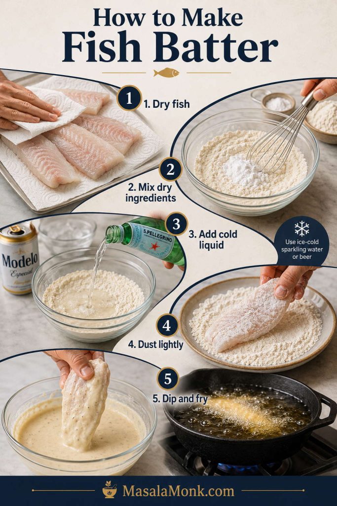 Step-by-step fish batter guide showing dry fish, dry ingredients being mixed, cold liquid added, fish dusted, and fish dipped in batter