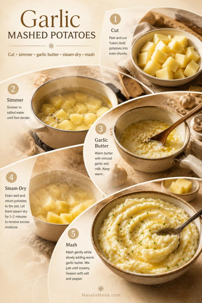 Step-by-step process showing cut potatoes, simmering, garlic butter, steam-drying, and gentle mashing.