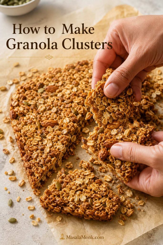 Hands breaking large homemade granola clusters from a cooled slab on parchment paper.