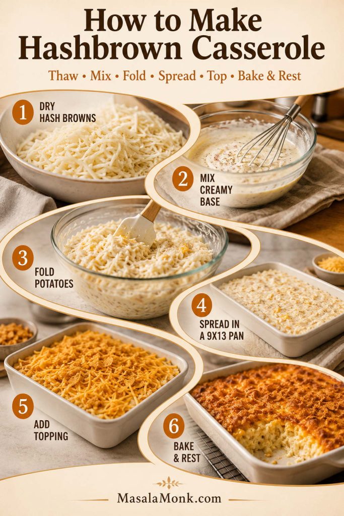 Step-by-step hashbrown casserole method showing drying potatoes, mixing sauce, folding, spreading, topping, baking, and resting.