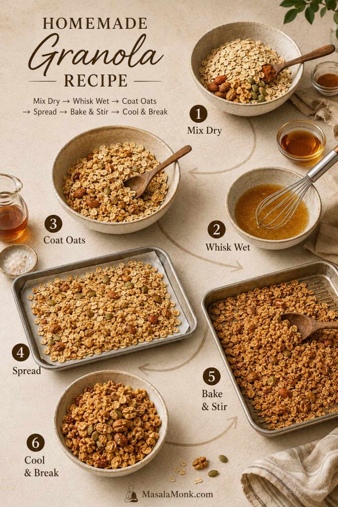Step-by-step homemade granola process board showing dry ingredients, wet ingredients, coated oats, spreading, baking, stirring, cooling, and breaking.