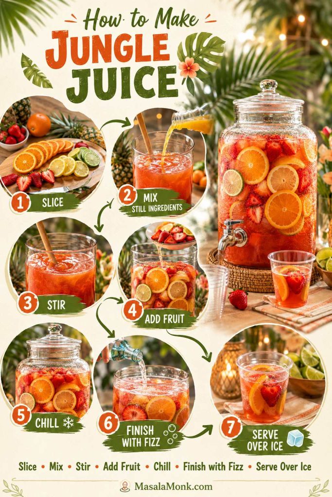 Step-by-step guide showing how to make jungle juice by slicing fruit, mixing liquids, stirring, chilling, adding fizz, and serving over ice.