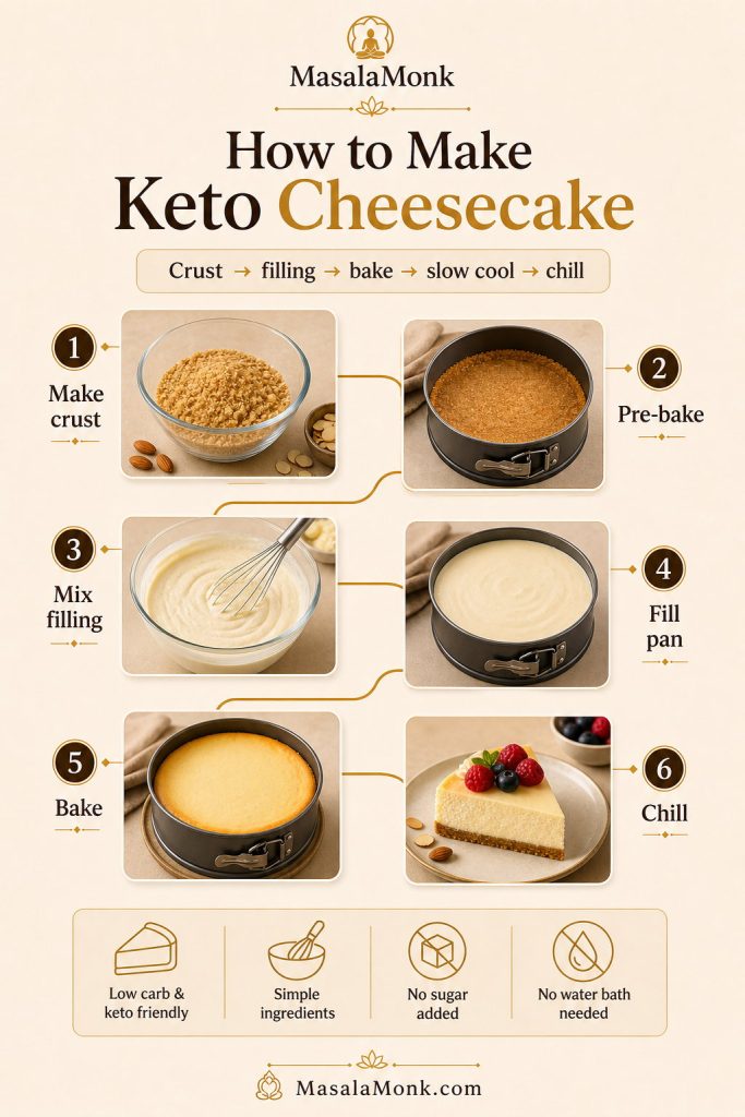 Step-by-step keto cheesecake guide showing crust mixing, pre-baking, filling, baking, cooling, and chilling.