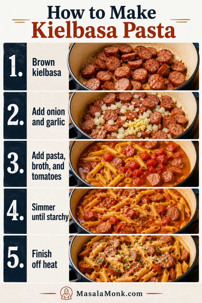 Step-by-step board showing kielbasa pasta made by browning sausage, adding onion and garlic, adding pasta and liquid, simmering, and finishing off heat.