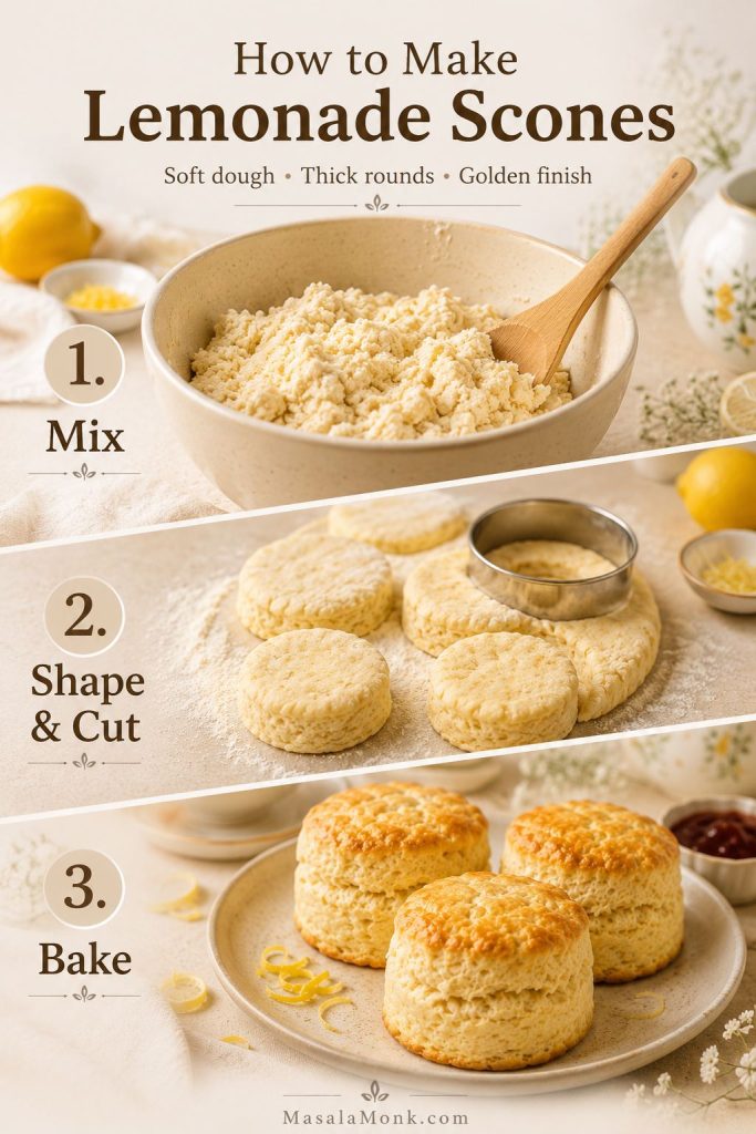 Three-step guide showing how to mix lemonade scone dough, shape and cut the dough, and bake the scones until golden.
