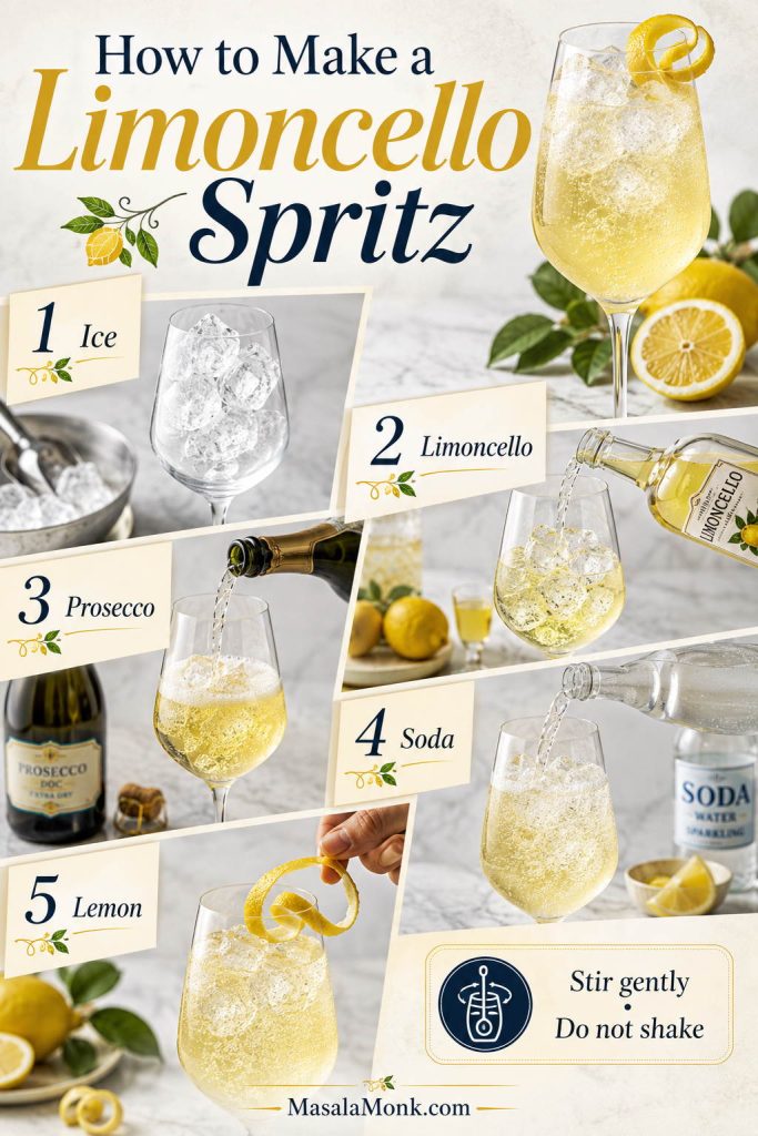Step-by-step limoncello spritz method showing ice, limoncello, prosecco, soda water, lemon peel, and a reminder to stir gently instead of shaking.