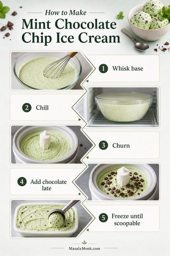 Step-by-step guide showing mint chocolate chip ice cream being whisked, chilled, churned, mixed with chocolate, and frozen until scoopable.