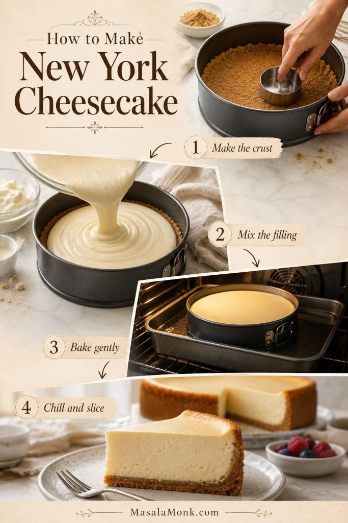 Four-stage overview showing cheesecake crust, smooth filling, water bath baking, and a chilled cheesecake slice.