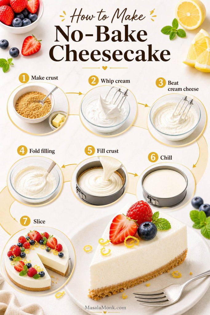 Step-by-step guide showing crust, whipped cream, cream cheese, folding, filling, chilling, and slicing
