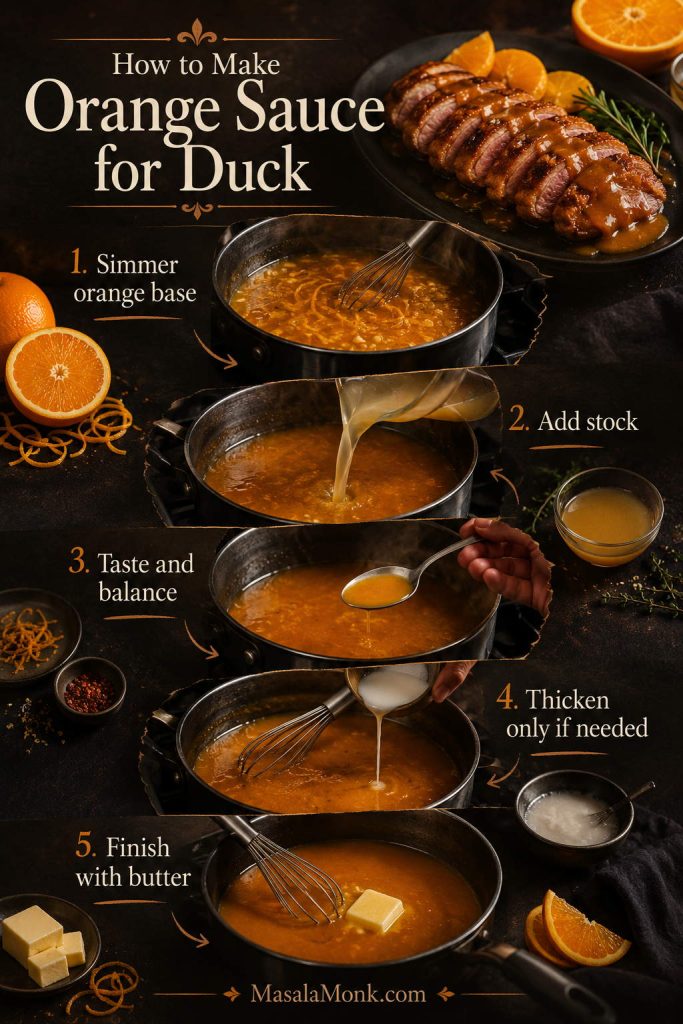 Step-by-step board showing orange sauce simmering, stock being added, sauce being tasted, thickened, and finished with butter