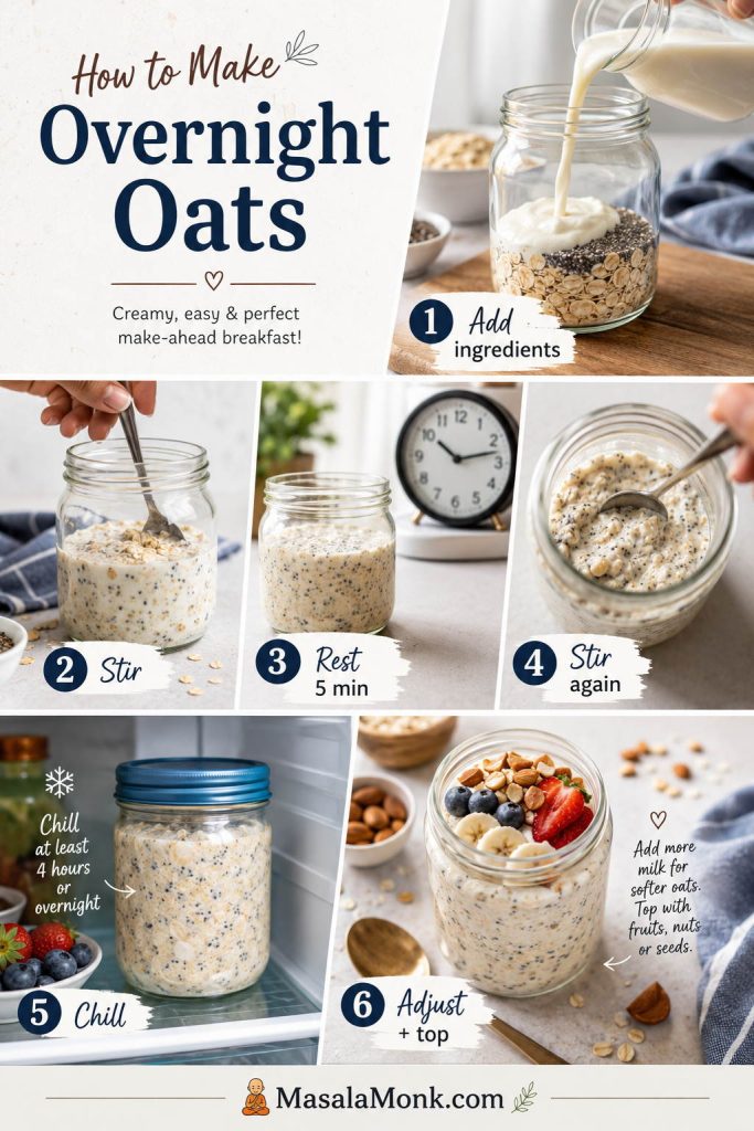 Step-by-step overnight oats method showing ingredients added, stirred, rested, stirred again, chilled, adjusted, and topped.