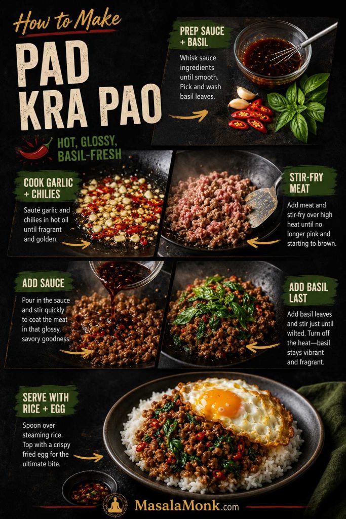 Step-by-step Pad Kra Pao board with sauce, basil, garlic and chilies, stir-fried meat, sauce, basil, and a finished rice plate.